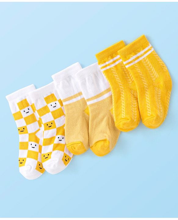 Cute Walk By Babyhug Non Terry Anti Bacterial Ankle Length Socks Smile Design Pack Of 3 - White & Yellow