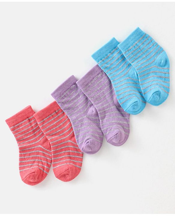 Cute Walk By Babyhug Non Terry Anti Bacterial Ankle Length Stripes Design Socks Pack of 3 - Multicolour