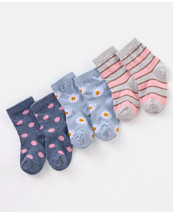 Cute Walk By Babyhug Non Terry Anti Bacterial Ankle Length Floral Design Socks Pack of 3 - Multicolour