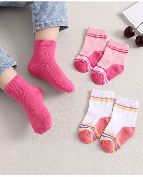 Cute Walk By Babyhug Non Terry Anti Bacterial Ankle Length Design Socks Pack of 3 - Pink & white