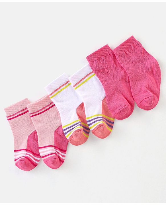 Cute Walk By Babyhug Non Terry Anti Bacterial Ankle Length Design Socks Pack of 3 - Pink & white
