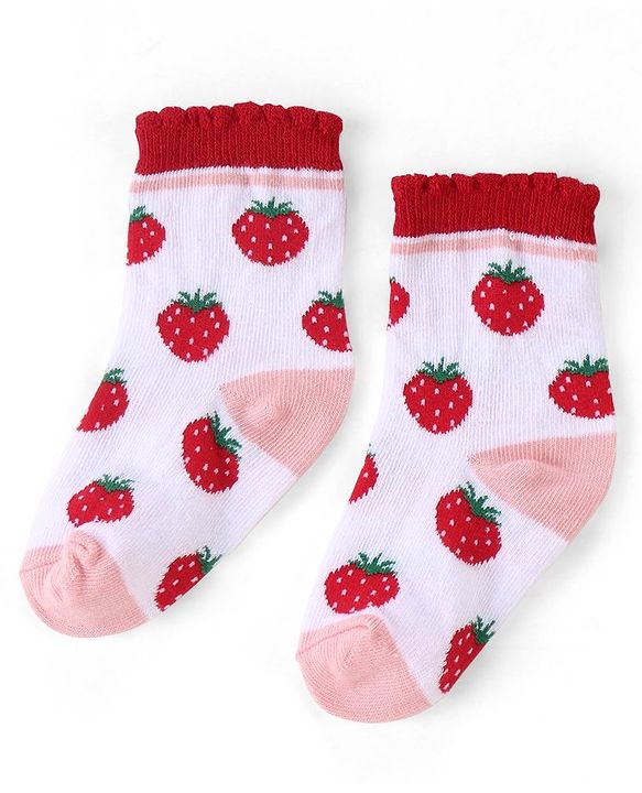 Cute Walk by Babyhug Cotton Blend Ankle Length Anti Bacterial Socks Strawberry Design Pack of 3 - Pink & Red