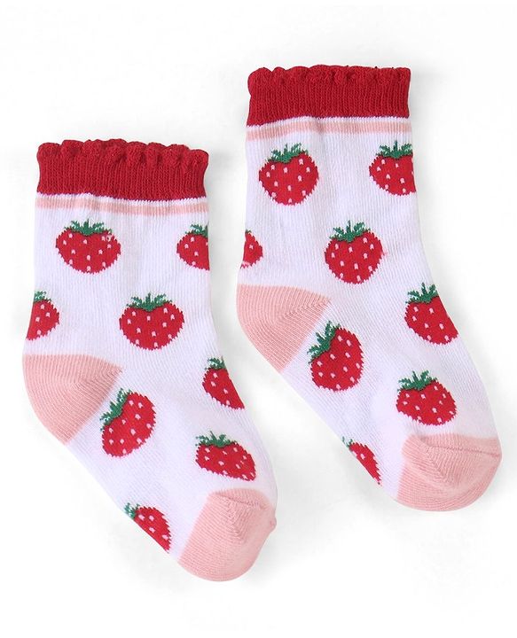 Cute Walk by Babyhug Cotton Blend Ankle Length Anti Bacterial Socks Strawberry Design Pack of 3 - Pink & Red