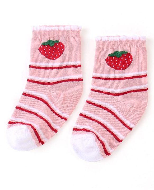 Cute Walk by Babyhug Cotton Blend Ankle Length Anti Bacterial Socks Strawberry Design Pack of 3 - Pink & Red
