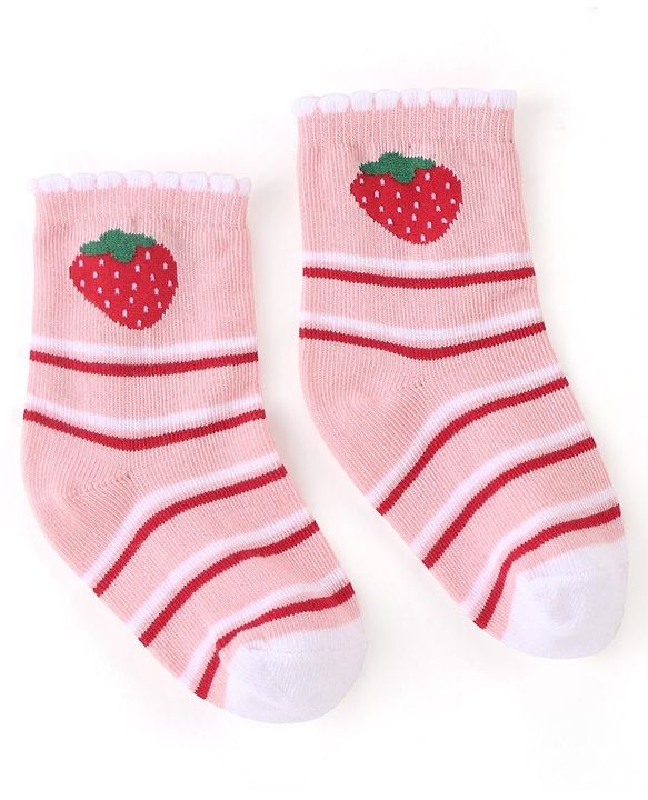 Cute Walk by Babyhug Cotton Blend Ankle Length Anti Bacterial Socks Strawberry Design Pack of 3 - Pink & Red
