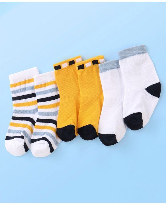 Cute Walk by Babyhug Cotton Blend Ankle Length Anti Bacterial Socks Stripes Design Pack of 3 - White & Yellow