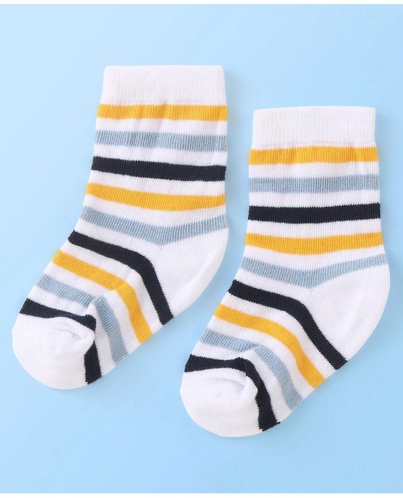 Cute Walk by Babyhug Cotton Blend Ankle Length Anti Bacterial Socks Stripes Design Pack of 3 - White & Yellow