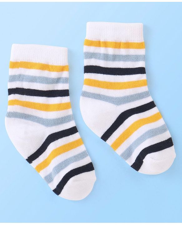 Cute Walk by Babyhug Cotton Blend Ankle Length Anti Bacterial Socks Stripes Design Pack of 3 - White & Yellow