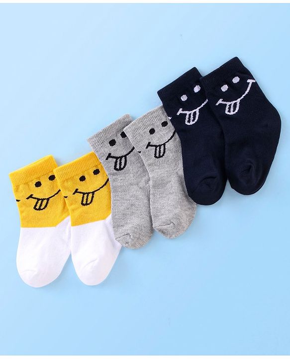 Cute Walk by Babyhug Cotton Knit Anti Bacterial Ankle Length Happy Face Design Socks Pack of 3 - Multicolour