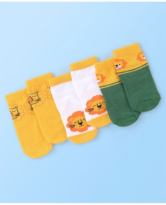 Cute Walk by Babyhug Cotton Blend Ankle Length Anti Bacterial Socks Animal Design Pack of 3 - White & Yellow
