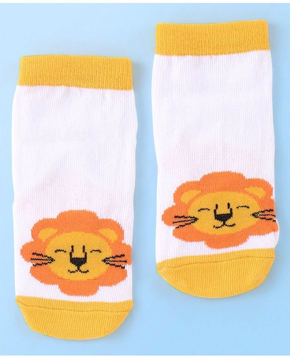 Cute Walk by Babyhug Cotton Blend Ankle Length Anti Bacterial Socks Animal Design Pack of 3 - White & Yellow