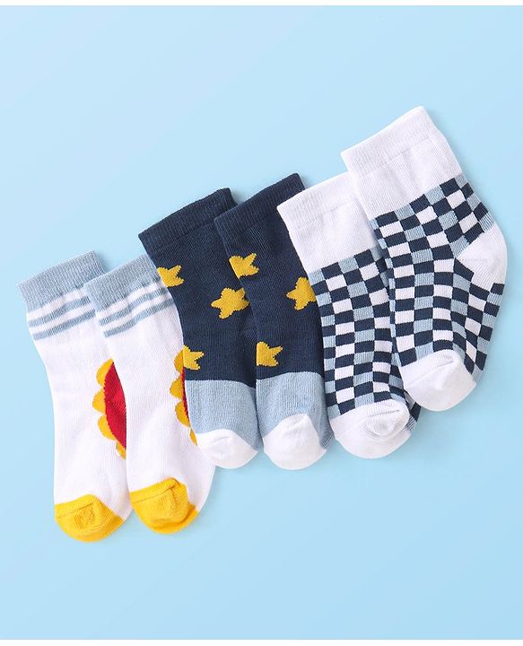 Cute Walk By Babyhug Non Terry Anti Bacterial Ankle Length Socks With Checks & Star Design Pack Of 3 - White & Blue
