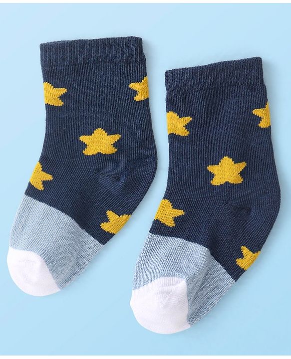 Cute Walk By Babyhug Non Terry Anti Bacterial Ankle Length Socks With Checks & Star Design Pack Of 3 - White & Blue