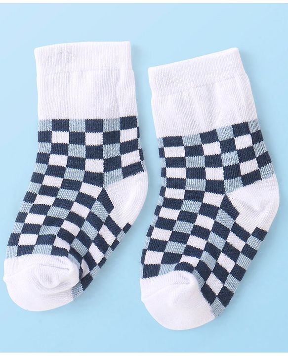 Cute Walk By Babyhug Non Terry Anti Bacterial Ankle Length Socks With Checks & Star Design Pack Of 3 - White & Blue