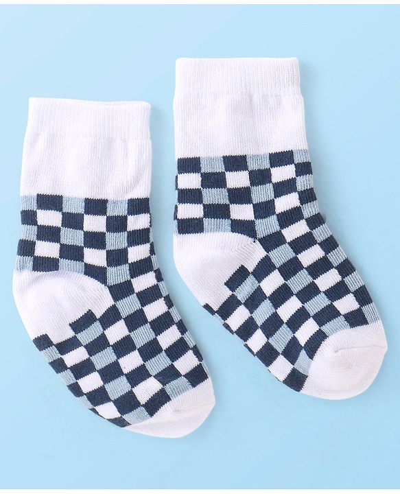 Cute Walk By Babyhug Non Terry Anti Bacterial Ankle Length Socks With Checks & Star Design Pack Of 3 - White & Blue