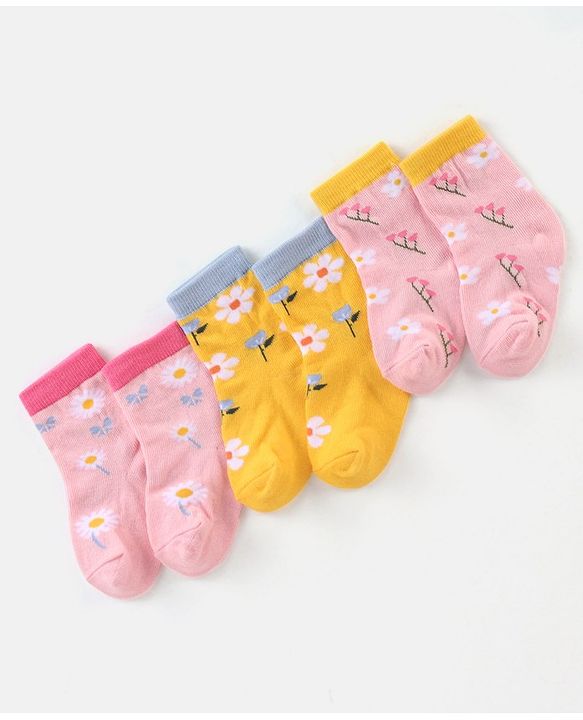 Cute Walk by Babyhug Cotton Knit Anti Bacterial Ankle Length Floral Design Socks Pack of 3 - Multicolour