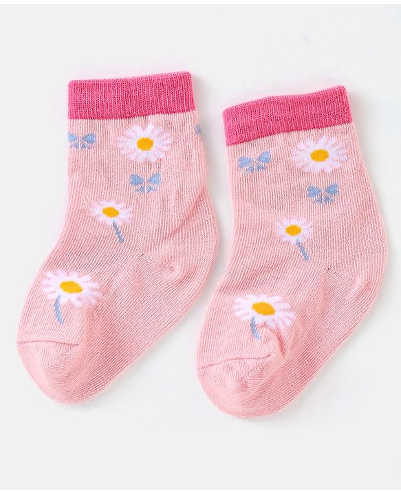 Cute Walk by Babyhug Cotton Knit Anti Bacterial Ankle Length Floral Design Socks Pack of 3 - Multicolour