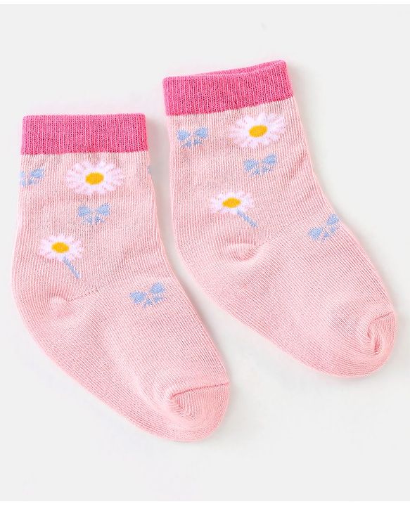Cute Walk by Babyhug Cotton Knit Anti Bacterial Ankle Length Floral Design Socks Pack of 3 - Multicolour