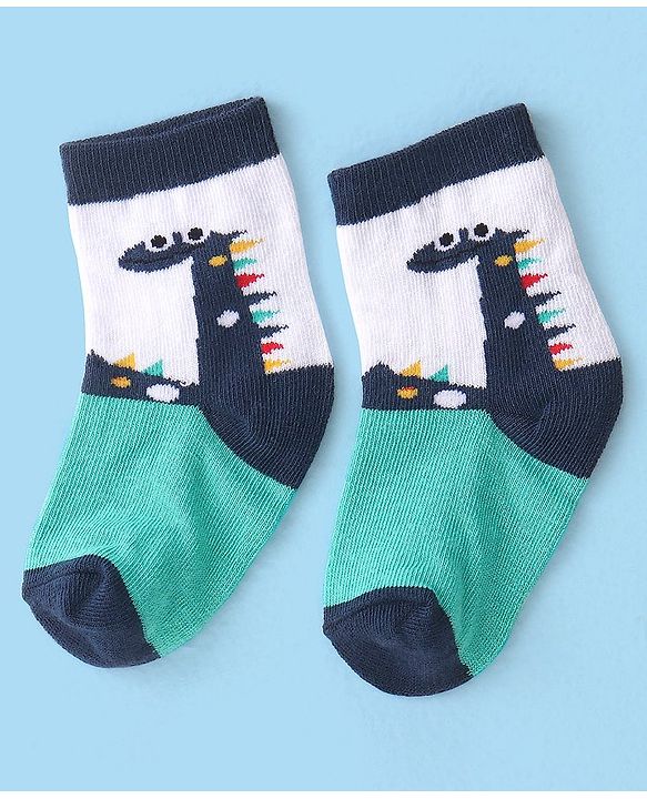Cute Walk by Babyhug Cotton Blend Ankle Length Anti Bacterial Socks Dino Design Pack of 3 - White & Blue