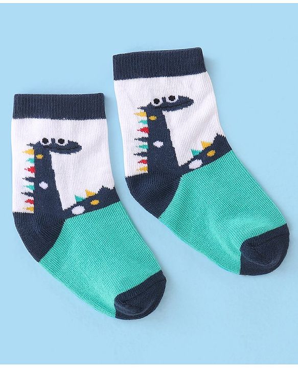 Cute Walk by Babyhug Cotton Blend Ankle Length Anti Bacterial Socks Dino Design Pack of 3 - White & Blue