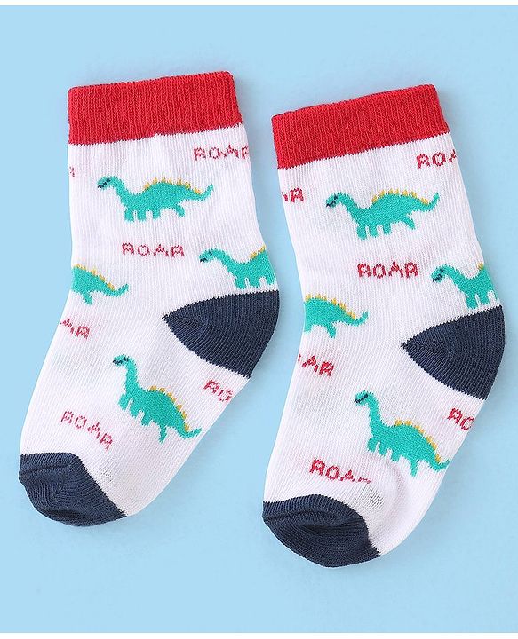 Cute Walk by Babyhug Cotton Blend Ankle Length Anti Bacterial Socks Dino Design Pack of 3 - White & Blue