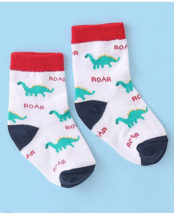 Cute Walk by Babyhug Cotton Blend Ankle Length Anti Bacterial Socks Dino Design Pack of 3 - White & Blue