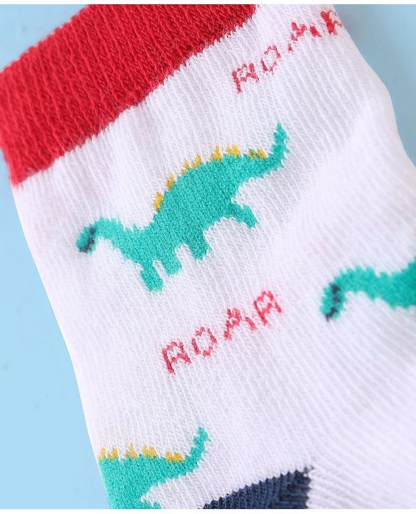 Cute Walk by Babyhug Cotton Blend Ankle Length Anti Bacterial Socks Dino Design Pack of 3 - White & Blue