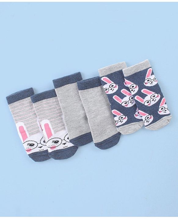Cute Walk by Babyhug Cotton Blend Ankle Length Anti Bacterial Socks Bunny Design Pack of 3 - Grey & Blue