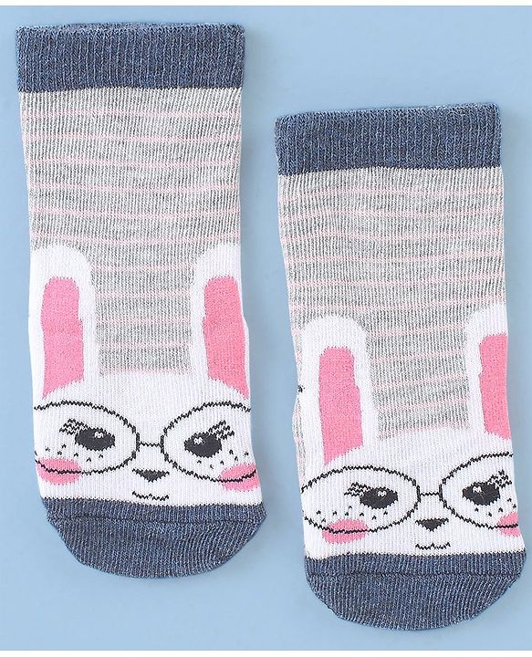 Cute Walk by Babyhug Cotton Blend Ankle Length Anti Bacterial Socks Bunny Design Pack of 3 - Grey & Blue