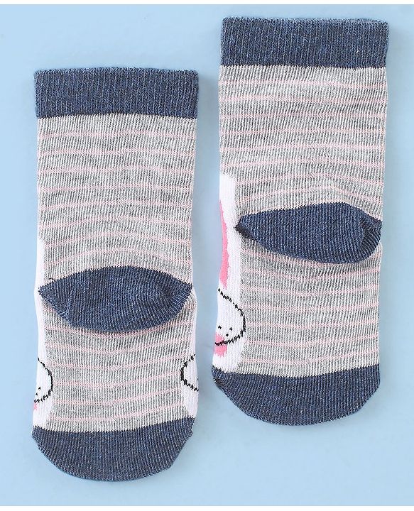 Cute Walk by Babyhug Cotton Blend Ankle Length Anti Bacterial Socks Bunny Design Pack of 3 - Grey & Blue