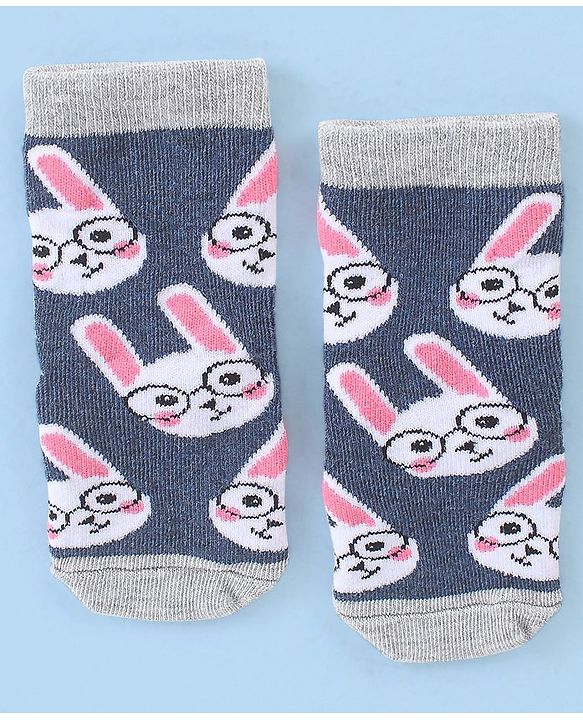 Cute Walk by Babyhug Cotton Blend Ankle Length Anti Bacterial Socks Bunny Design Pack of 3 - Grey & Blue