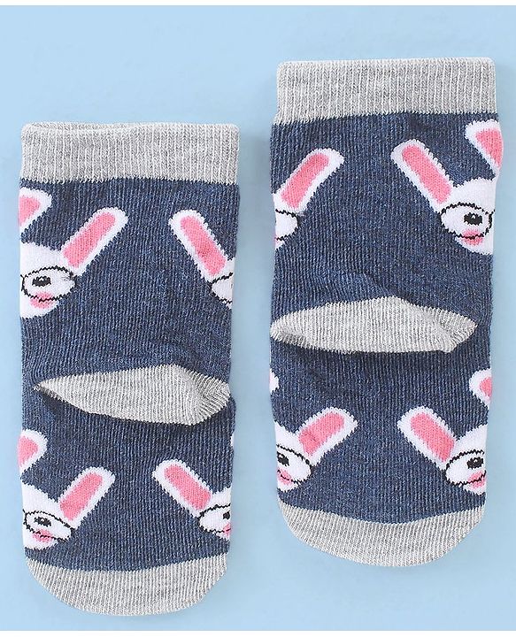 Cute Walk by Babyhug Cotton Blend Ankle Length Anti Bacterial Socks Bunny Design Pack of 3 - Grey & Blue