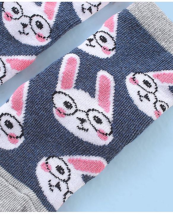 Cute Walk by Babyhug Cotton Blend Ankle Length Anti Bacterial Socks Bunny Design Pack of 3 - Grey & Blue