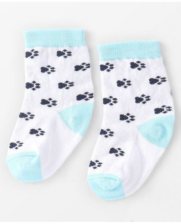 Cute Walk By Babyhug Non Terry Anti Bacterial Ankle Length Socks With Paws Design Pack Of 3 - White & Blue
