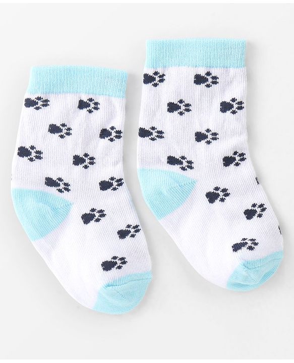 Cute Walk By Babyhug Non Terry Anti Bacterial Ankle Length Socks With Paws Design Pack Of 3 - White & Blue