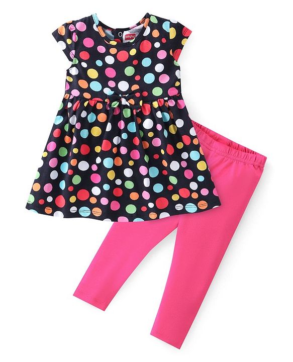 Babyhug 100% Cotton Knit Half Sleeves Frock Polka Print With Leggings - Navy Blue & Pink