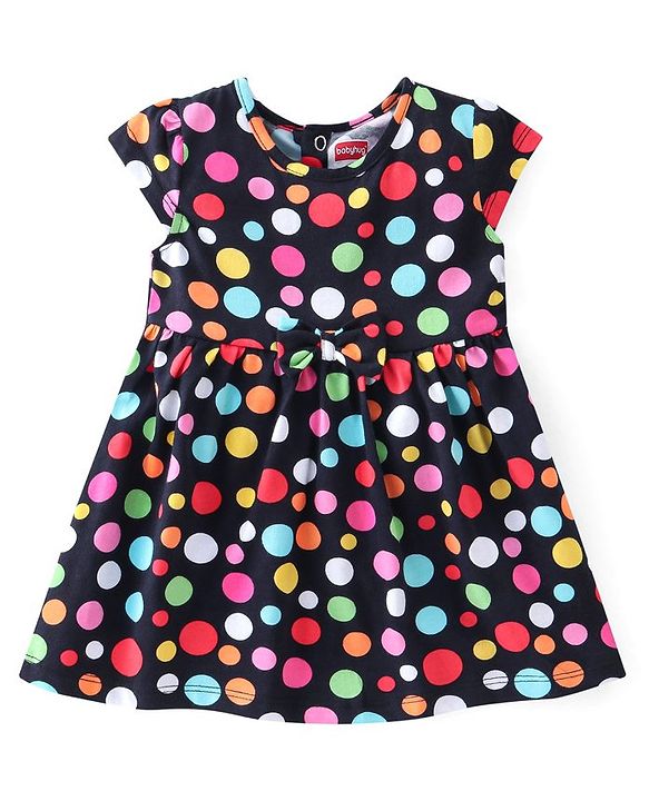 Babyhug 100% Cotton Knit Half Sleeves Frock Polka Print With Leggings - Navy Blue & Pink
