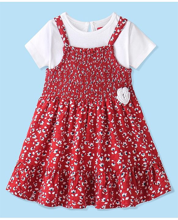Babyhug Rayon Frock with Half Sleeves Inner Tee Floral Printed - Red & White