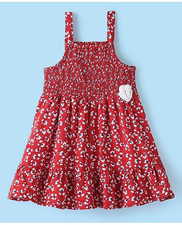 Babyhug Rayon Frock with Half Sleeves Inner Tee Floral Printed - Red & White