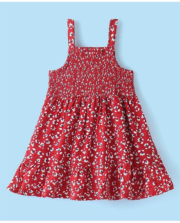 Babyhug Rayon Frock with Half Sleeves Inner Tee Floral Printed - Red & White
