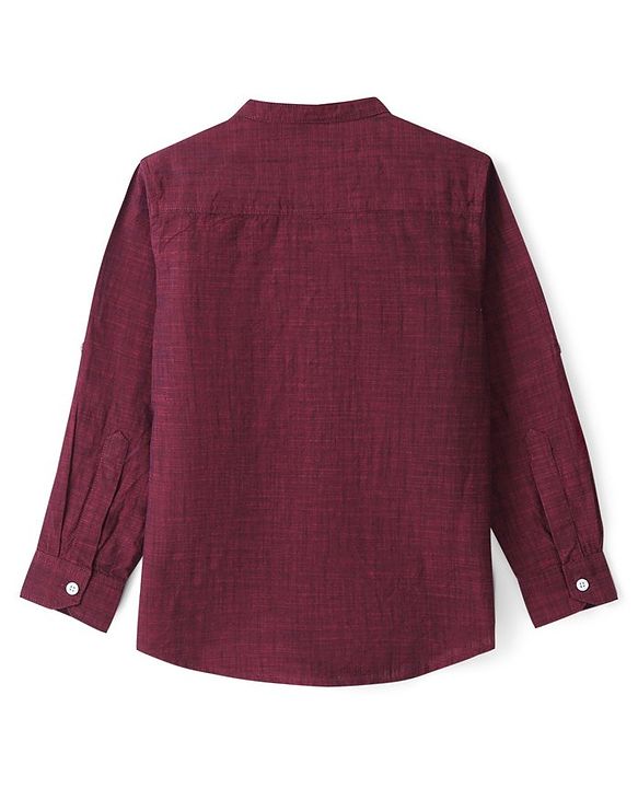 Pine Kids Cotton Woven Roll Up Full Sleeves Solid Colour Kurta Shirt with Mandarin Collar- Maroon