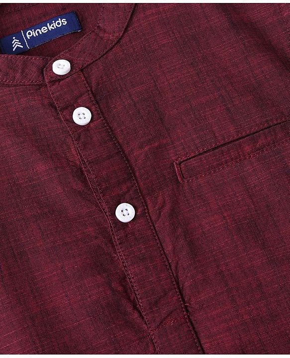 Pine Kids Cotton Woven Roll Up Full Sleeves Solid Colour Kurta Shirt with Mandarin Collar- Maroon