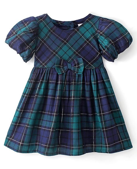 Babyhug Woven Yarn Dyed Half Sleeves Frock Checkered - Green & Blue