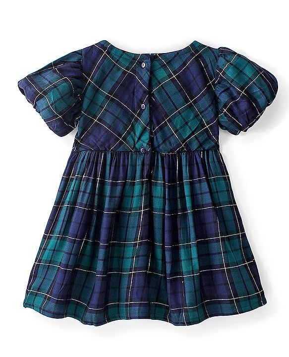 Babyhug Woven Yarn Dyed Half Sleeves Frock Checkered - Green & Blue