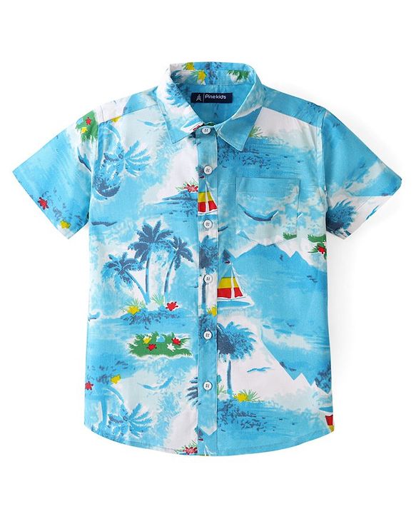 Pine Kids Viscose  Half Sleeves Beach Print Shirt - Blue