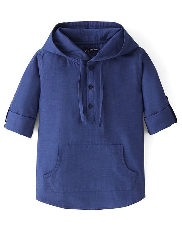 Pine Kids Cotton Roll-up Full Sleeves Solid Colored Hooded Shirt - Blue