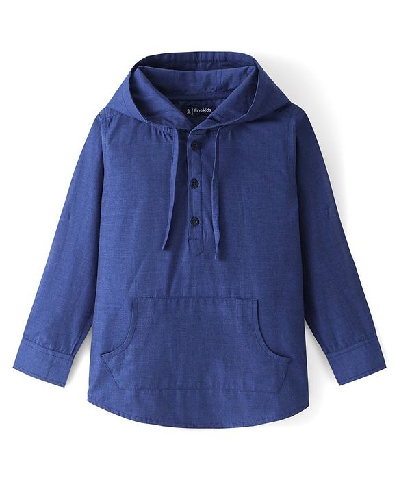 Pine Kids Cotton Roll-up Full Sleeves Solid Colored Hooded Shirt - Blue