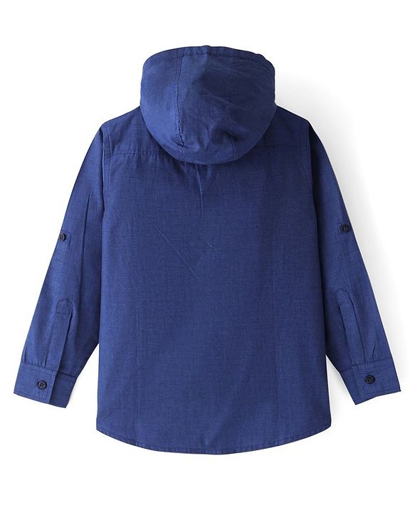 Pine Kids Cotton Roll-up Full Sleeves Solid Colored Hooded Shirt - Blue