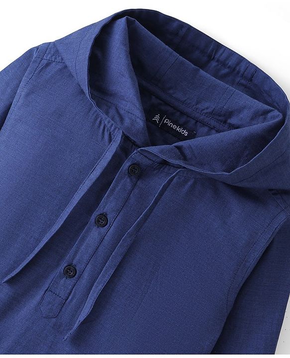 Pine Kids Cotton Roll-up Full Sleeves Solid Colored Hooded Shirt - Blue