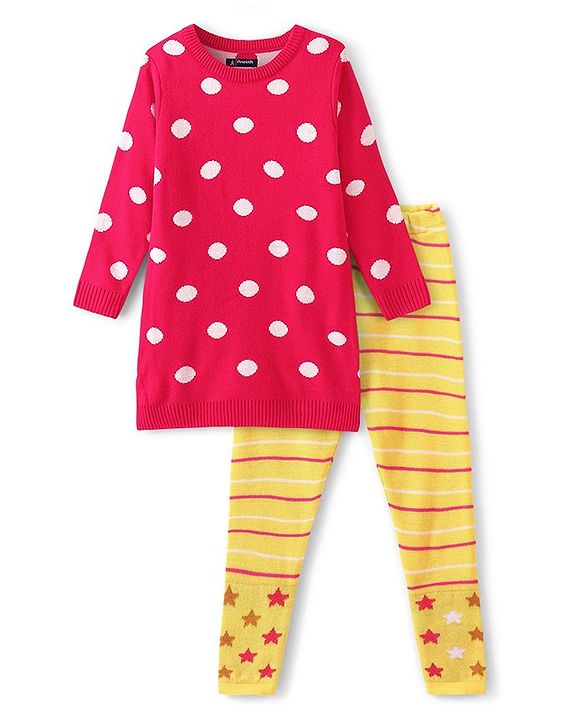 Pine Kids Full Sleeves Tunic and Full Length Bottom Sweater Set Polka Dots Design & Striped - Red & Yellow